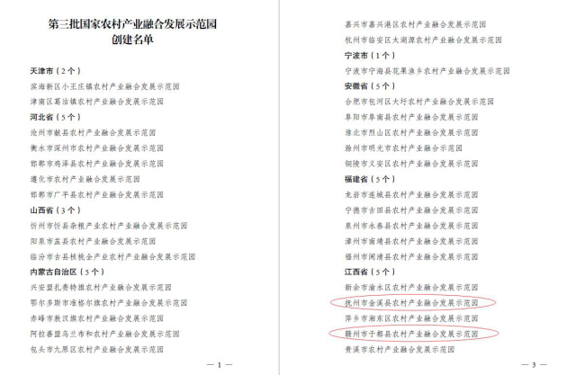 开云网页版登录入口编制的金溪县、于都县农村产业融合发展示范园成功入选“第三批国家农村产业融合发展示范园”创建名单